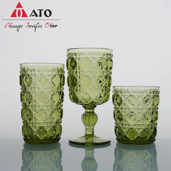 Embossed Pattern Vintage Green Goblet Champagne Glasses Set