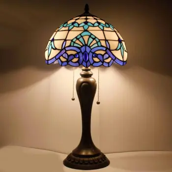 WERFACTORY Tiffany Table Lamp Navy Blue Baroque Stained Glass Style Desk Bedside Reading lighting