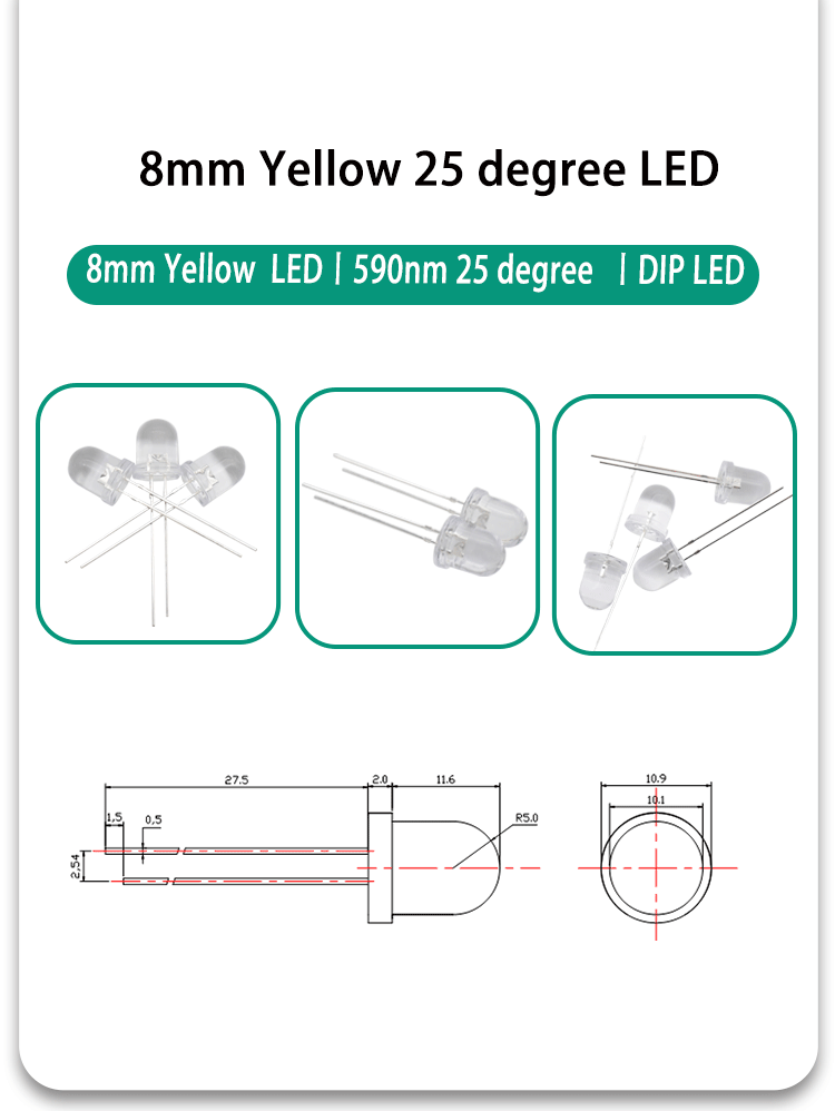 8mm Yellow LED Diode Lights 590nm 803FYC59D3L14