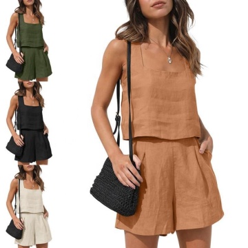 Sommer solider Baumwollhülsen und Hosen Set für Frauen