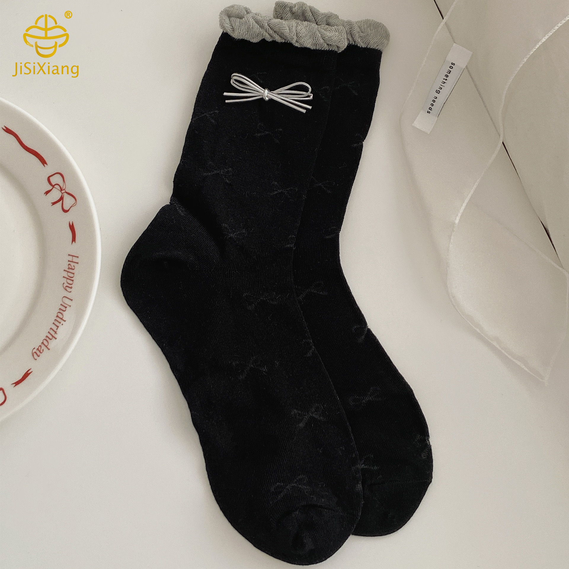 Black bow mid-tube socks