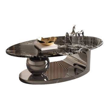 Modern White Stone Coffee Table with Black Metal Base