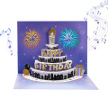 Tarjeta emergente de pastel de cumpleaños brillante con luces y música
