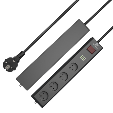 French Standard Black 5 Outlet Switched 1.5m Cable Power Strip with 2USB Charging Ports