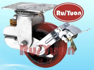 Shock absorbing spring caster wheel with double brake type