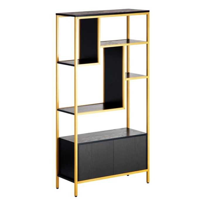 قفسه کتاب نمایش سیاه و طلایی با کابینت
