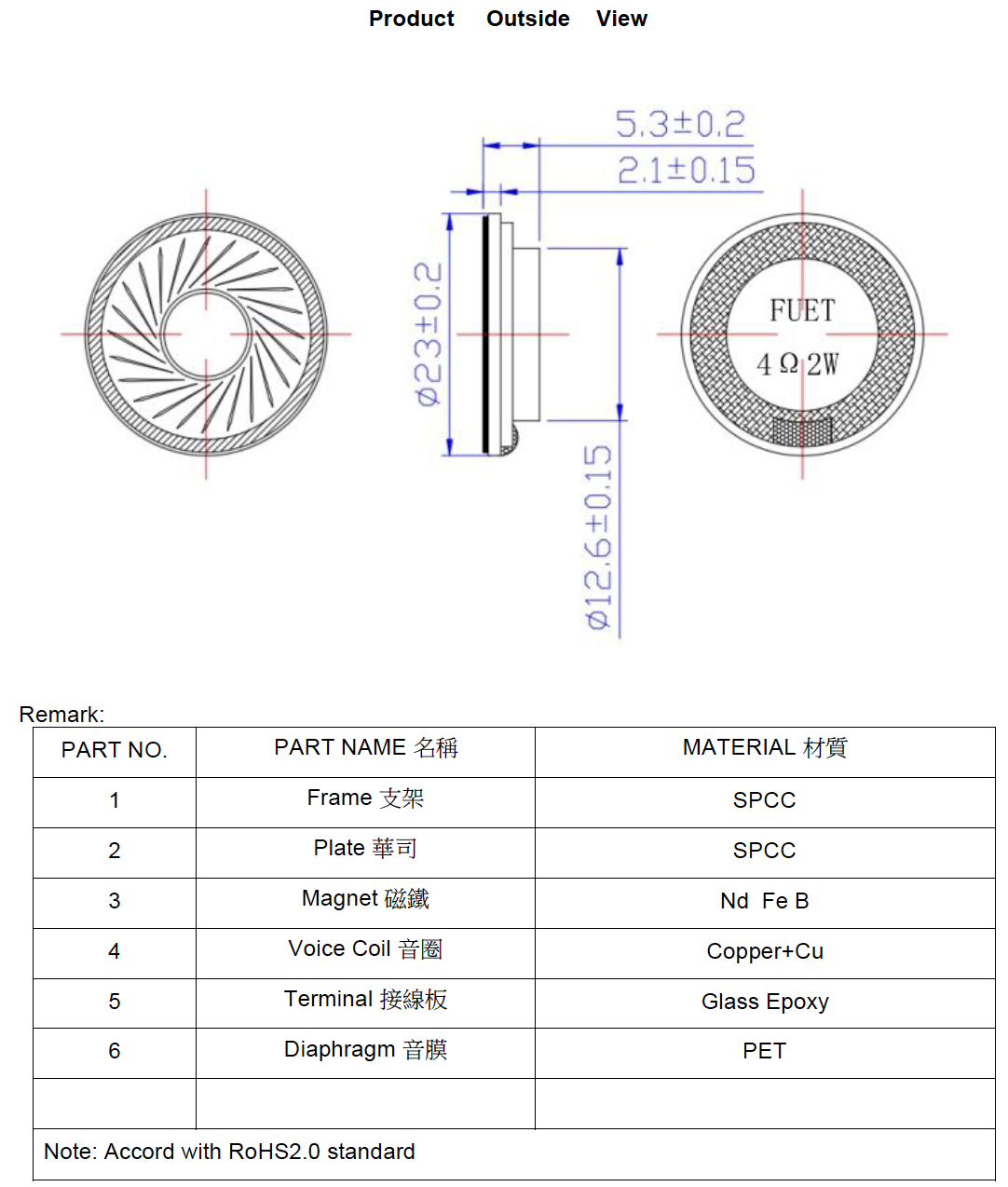 23mm 4ohm 2W Mylar Speaker Hight 5.3mm