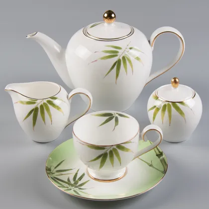 Oriental Green Bamboo Decal Porcelain Coffee & Tea Cup Set - 15pcs Dinnerware