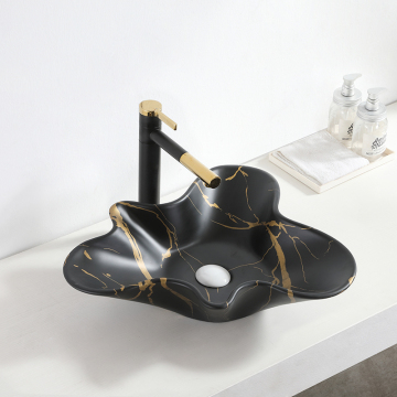 Washroom Countertop Vessel Marble Sink Gold Plating Design