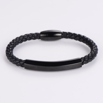Wholesale Custom Engraved Titanium Braided Genuine Leather Bracelet for Men