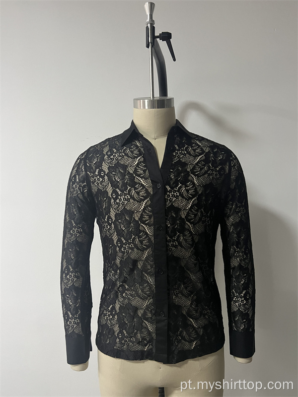 Camisa de lapela de flor de renda masculina