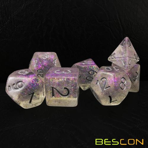 Набор кубиков Bescon Shimmery Silver-Purple, набор из 7 кубиков RPG в кирпичной упаковке