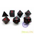 Ensemble de dés de polyèdre de Bescon Noir opaque avec chiffres rouges, jeu de points RPG noirs de 7 d4 d6 d8 d10 d12 d20 d% Boîte de brique