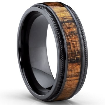 Titanium Steel Ring Set with Hawaiian Acacia Wood - Valentine's Day Love Pair Design