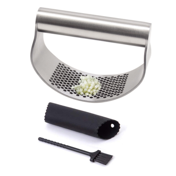 Ginger Rocker Crusher 3-Piece Stainless Steel Garlic Press Set with Silicone Peeler and Brush