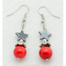 Red Coral Star Beads hematite earring