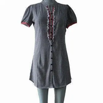 Fashionable Women's Sleepwear, All-over Vichy-check Print, 95/5% Cotton/Elastane/Open Button Placket