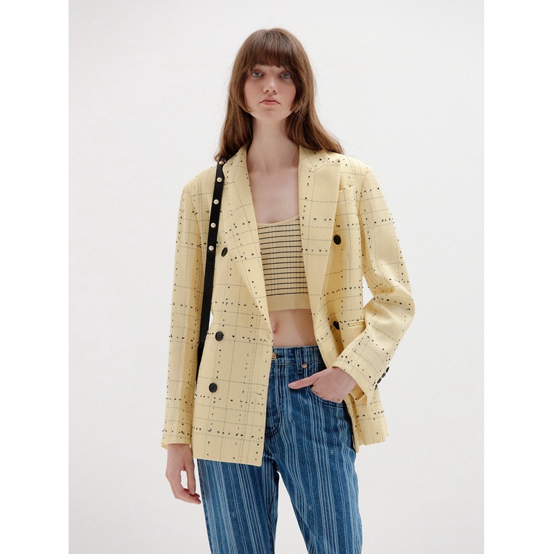 Office Yellow Plaid Blazer For Women