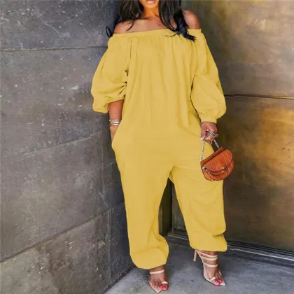 2021 Spring Fall Women clothing Solid color onesie leisure  Lady Fashionable Stretch loose plus size onesie