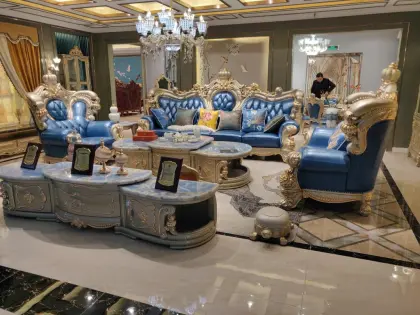 luxury wooden carved furniture leather European sofa