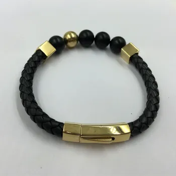 Black Braided Leather Bracelet Bead Cubic Mens Bracelet