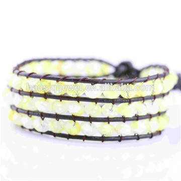 Großhandel gelb kristall perlenarmband drei wrap lederarmband für große handgelenk frauen
