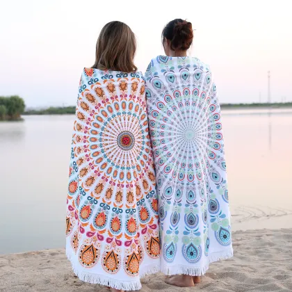 Green Peacock Feather Round Tapestry Beach Towel
