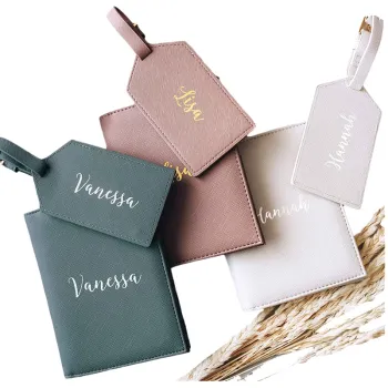 Custom Leather Luggage Tags Set with Passport Holder - Wedding Favor Gift