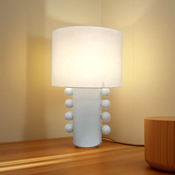 White Cloth Covered Table Lamp with Metal Base for Living Room and Bedroom