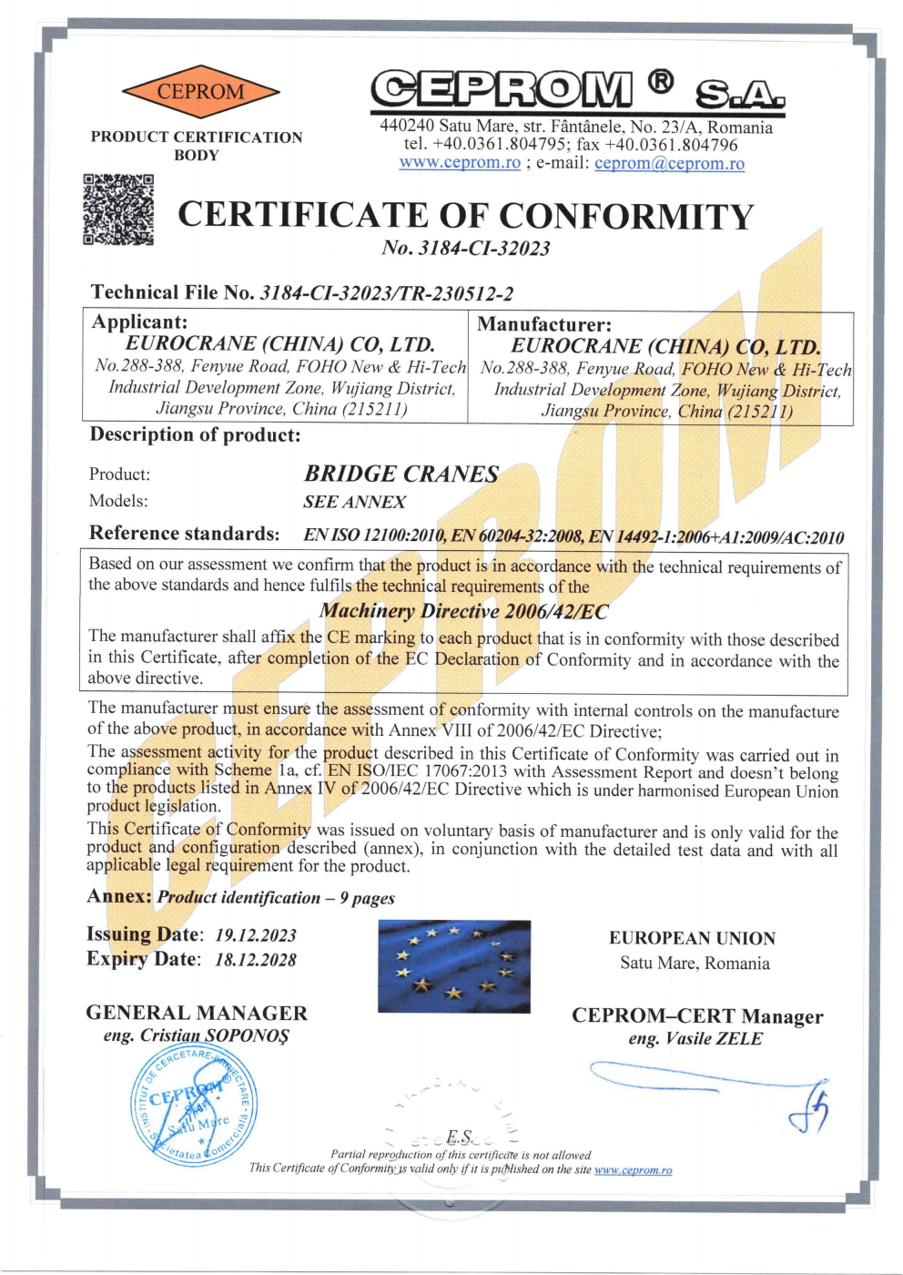 CE Certificate of Conformity for Eurocrane Overhead Bridge Cranes issued by CEPROM complying with EU Machinery Directive 2006/42/EC