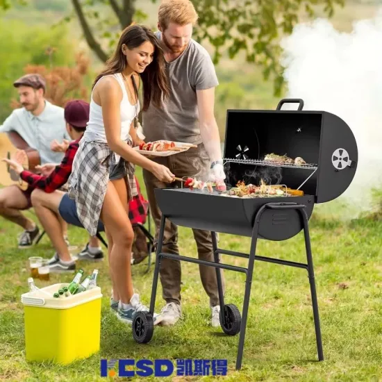Wholesale Barrel Charcoal BBQ Grill Outdoor Grill Machine with Two Wheels with Smoker