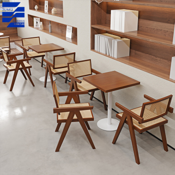 Glamorous Milk Tea Shop Style Solid Wood Rattan Dining Table and Chair Set