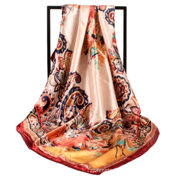 2021 Trendy Luxury Women's Customizable Flower Print Silk Square Scarf for Muslim Hijab, 90x90cm