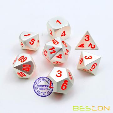 Bescon 7pcs Set de dados de D &amp; D polihedrales de metal sólido establece plata mate con números de naranja, Juego de dados de juego de rol de metal RPG