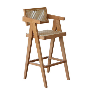 Customizable Solid Oak Indonesian Rattan Bar Counter Chair with White Wax Teak Wood Supports