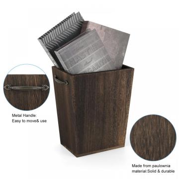 Rustic Brown Wooden Trash Can with Metal Handle