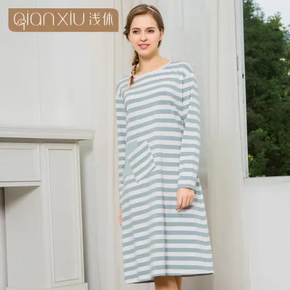Qianxiu Autumn New Design Women Cotton Long Nightgown