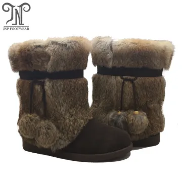 Women Lace up Pom-Poms Flat leather fuzzy Boots