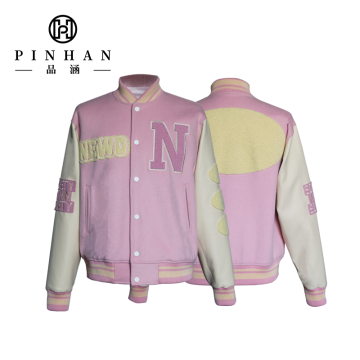 Trendy Women's High Quality Patch Logo Design Artificial Leather Coat - OEM ODM Customizable Lady Woven Varsity Jacket