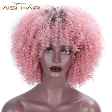 Aisi Hair Short Kinky Fluffy  Ombre Pink Wig Heat Resistant Synthetic Fiber Afro Curly Wigs For Black Women Cosplay Party Wigs