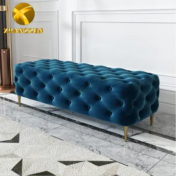 Velvet Metal Leg Ottoman Bench with Tufted Button for Living Room and Dining Chairs