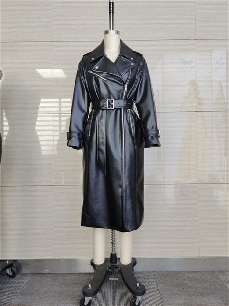 Long Bandage Plain Pu Leather Overcoat