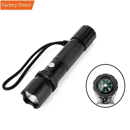 Classic Aluminum LED Torch Light with Solar Panel and Compass for Self Defense