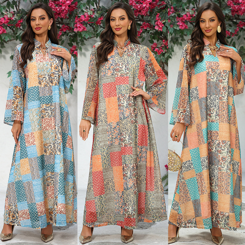 Patchwork Print Modest Maxi Dress