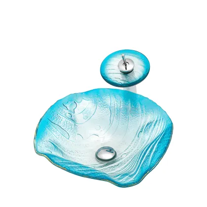 Sky Blue Crystal Tempered Glass Washbasin for Art Hotel Bathroom