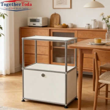 Modular 2-Tier Side Cabinet with Stainless Steel Frame & Lockable Door Minimalist Nightstand for Living Room & Bedroom