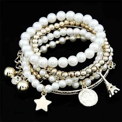 Wholesale Fashion Vintage Coin Bracelet with Pearls and Crystal Charms