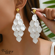 Pendientes Borlas Rómbicas Estilo Largo Pétalo Blanco Exagerado