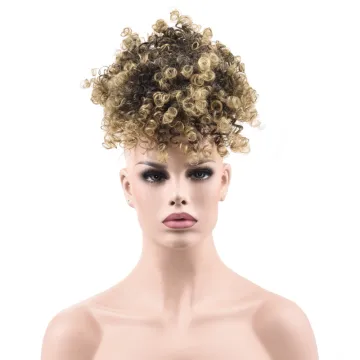Brown Black Afro Kinky Curly Wig Ponytail Drawstring Short Pony Tail Warp Bun Chignon with Bang Synthetic Hair Extensions