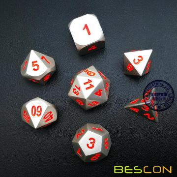 Bescon 7pcs Set Solid Metal Polyhedral D&D Dice Set Matt Silver with Orange Numbers, Metal RPG Role Playing Game Dice Set